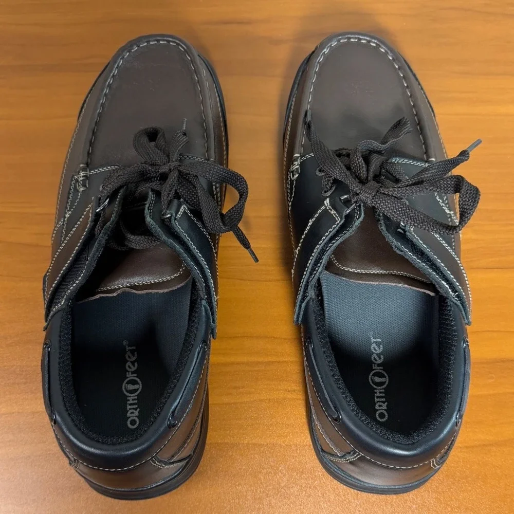 OrthOfeet 422 Baton Rouge Mens 12 2E Wide Brown Black Leather Orthopedic Boat
